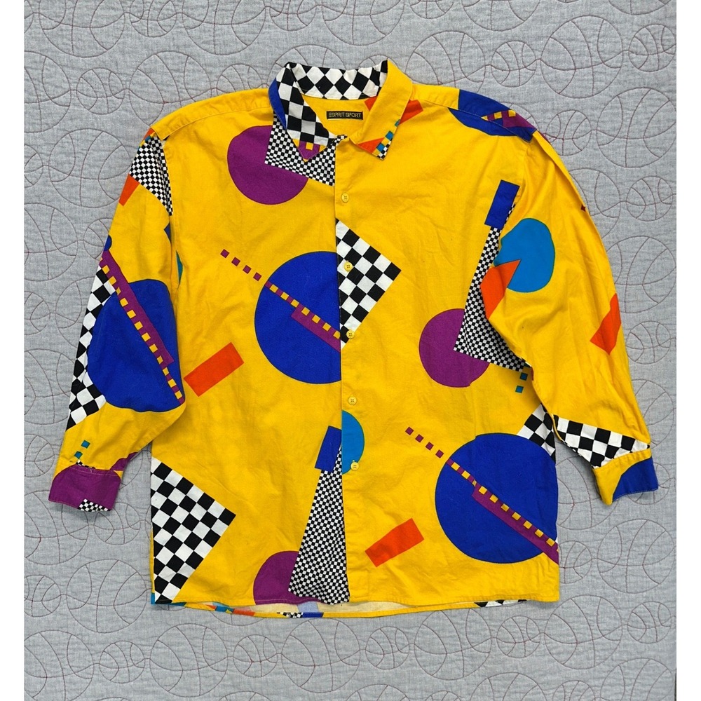 Esprit Sport Button Down Shirt Yellow Memphis Geometric VTG 90s / Mens Large